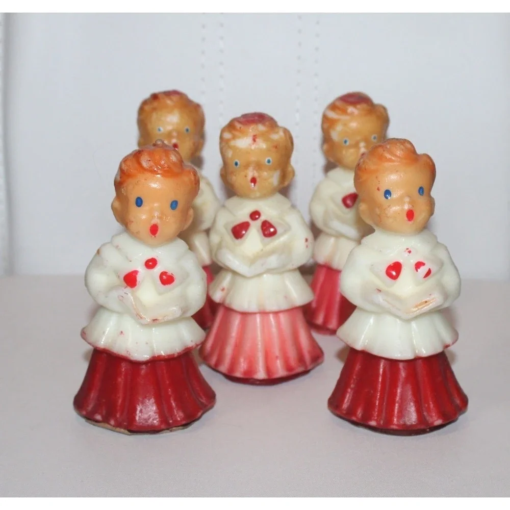set of 5 vintage choir boy caroler candles red white wax Christmas